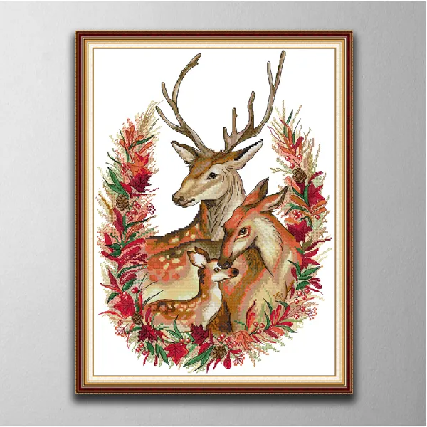 Christmas Deer Family DIY Cross Stitch Brodery Tools N￤tverk upps￤ttningar r￤knade tryck p￥ duk DMC 14CT 11CT -tyg