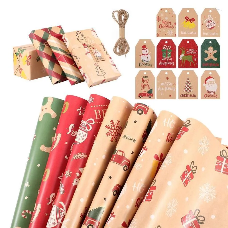 Gift Wrap Cabilock 11pcs Christmas Wrapping Paper 19.6x27.5inch Kraft Packing With Tags 1pc 5m Jute String