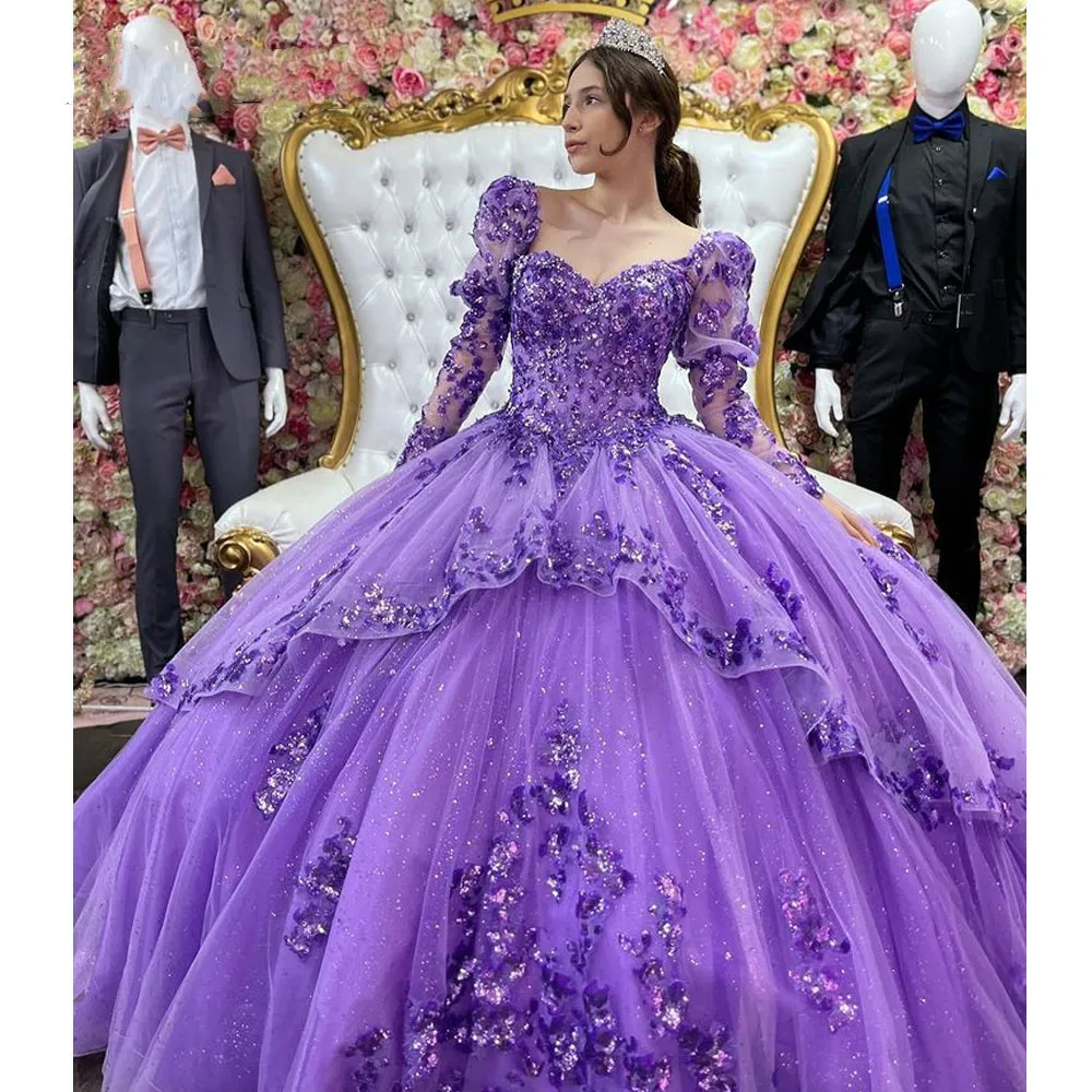 Lavender Purple Quinceanera Dresses Ball Gown Masquerade Princess Girl Beads Flowers Long Sweet 16 Prom Dresses for 15 Years