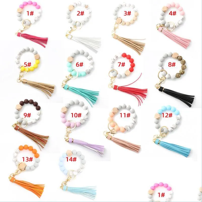 Keychains Lanyards Tassel Wood Beads Armband Keychains Keyring For Women Accessories Mticolor Key Ringshain Styles 14 Colors Drop DHQB9