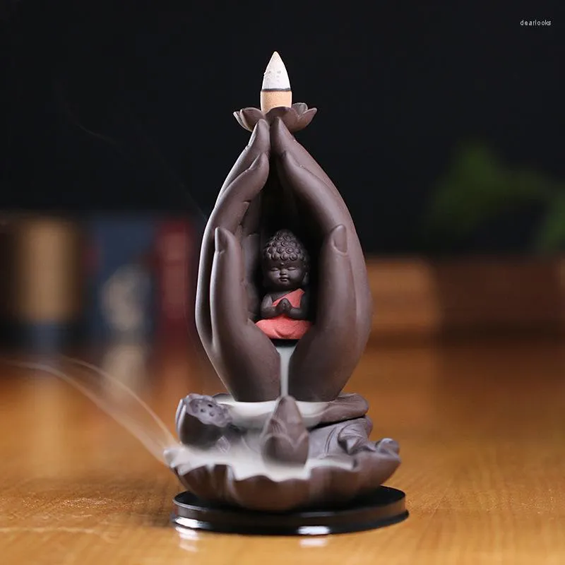 Lâmpadas de fragrâncias queimador de incenso de refrão Lotus Bergamot Zen Little Monk Pedestal Fountain Creative Home Decoration Ornament