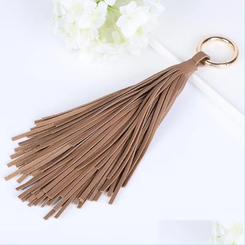 Llaveros Lanyards Dhs Long Pu Leather Tassel Key Chain Ring Fringe Diy Decoración Cortina Bolsa Accesorios de costura 5 colores Drop De Dhcvr