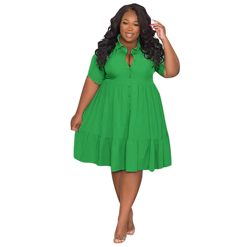 Women Plus Size Mini Dresses Short Sleeve Lapel Neck Peplum Summer Casual T Shirt Dress Button Down Swing Dress