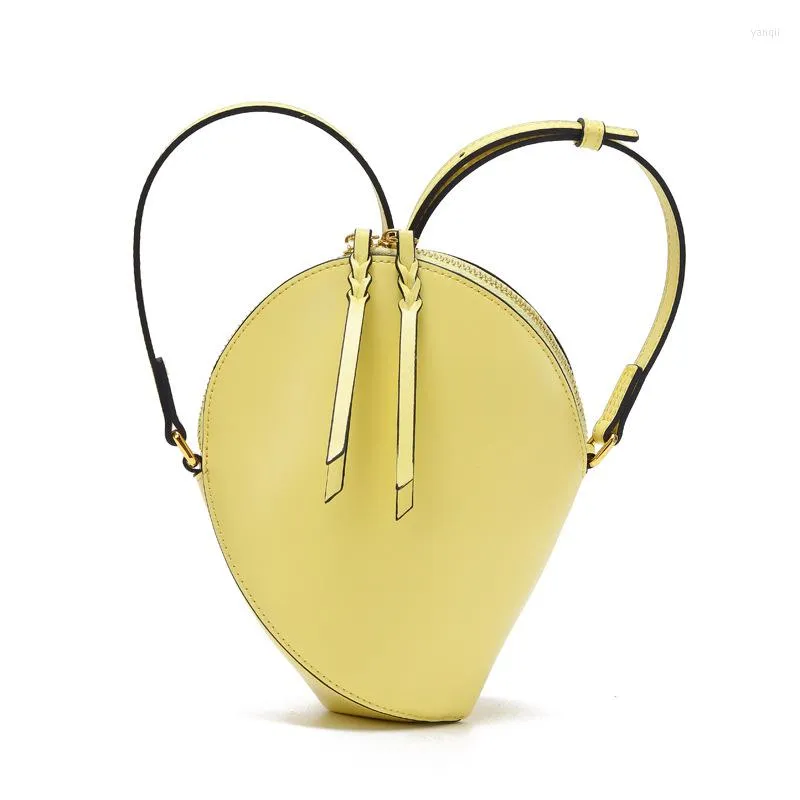 Kvällspåsar 2022 Luxury Yellow Women Top Handle Oval Design Märke äkta läderflik axelväska mode godis färg handväskor avslappnad