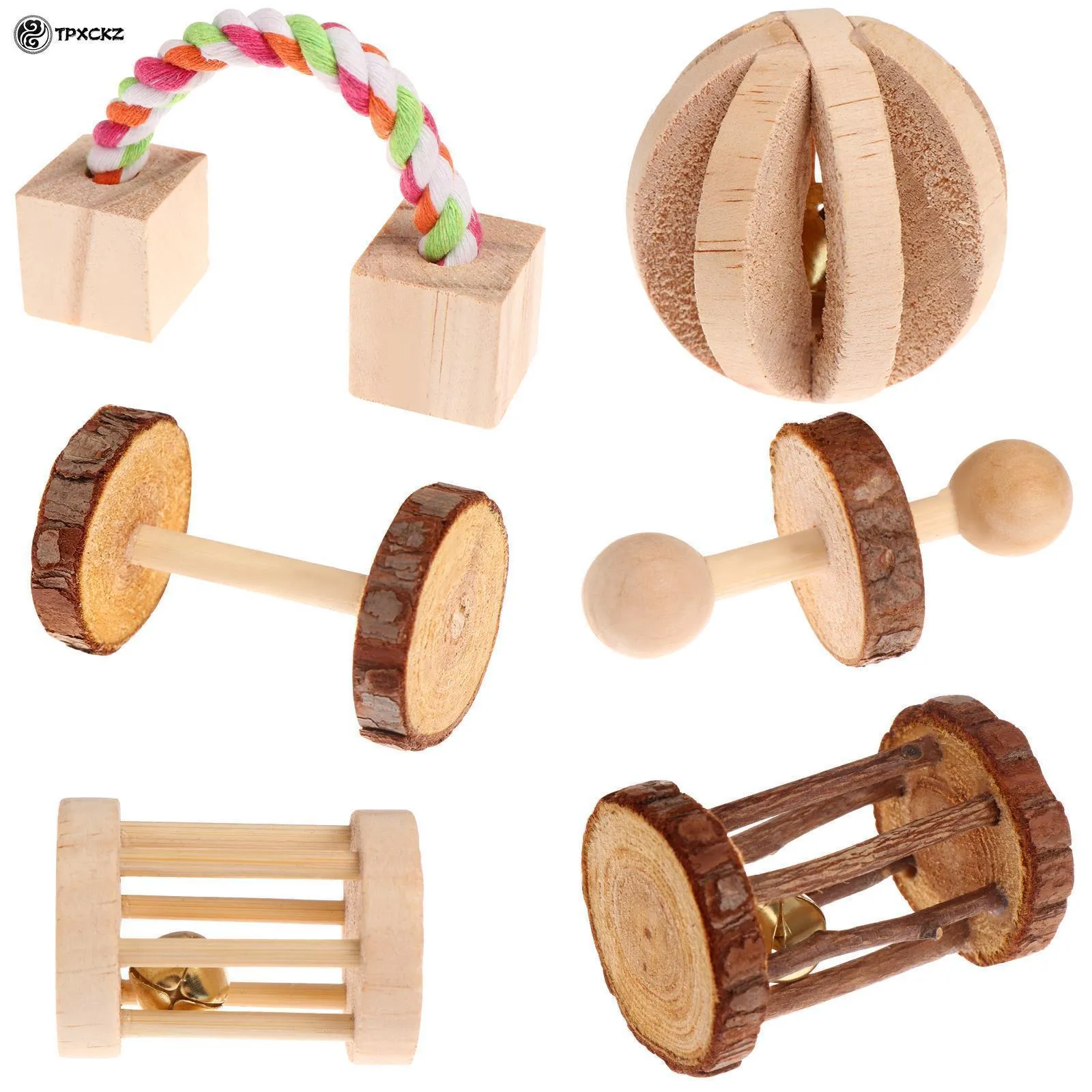 Small Animal Supplies 6pcsset Pet Hamster Natural Wooden ToWing Toys Chinchilla Cage Accessories Rabbit hantel Träning Bell Roller 221025