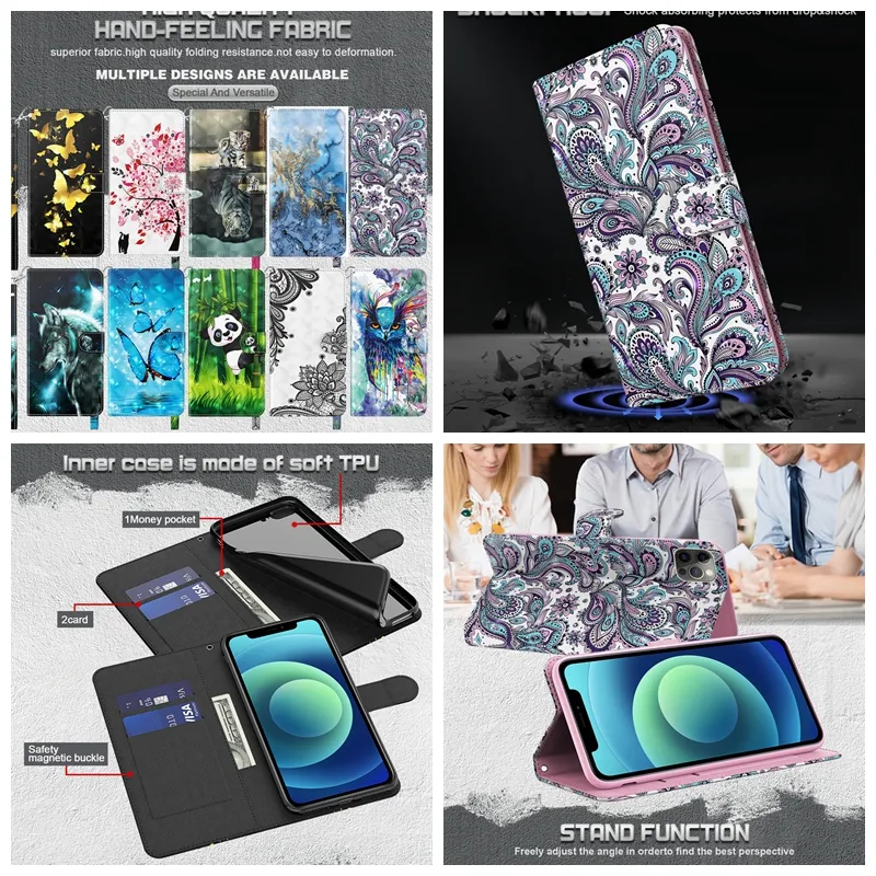 3D -l￤derpl￥nboksh￥llare Fall f￶r Samsung A23E A04S A13 4G 5G M13 4G M33 M53 A23 Xiaomi Poco F4 GT M5 M5S LACE Butter Flow Panda Cover Cartoon Wolf Flip Fashion Pouch