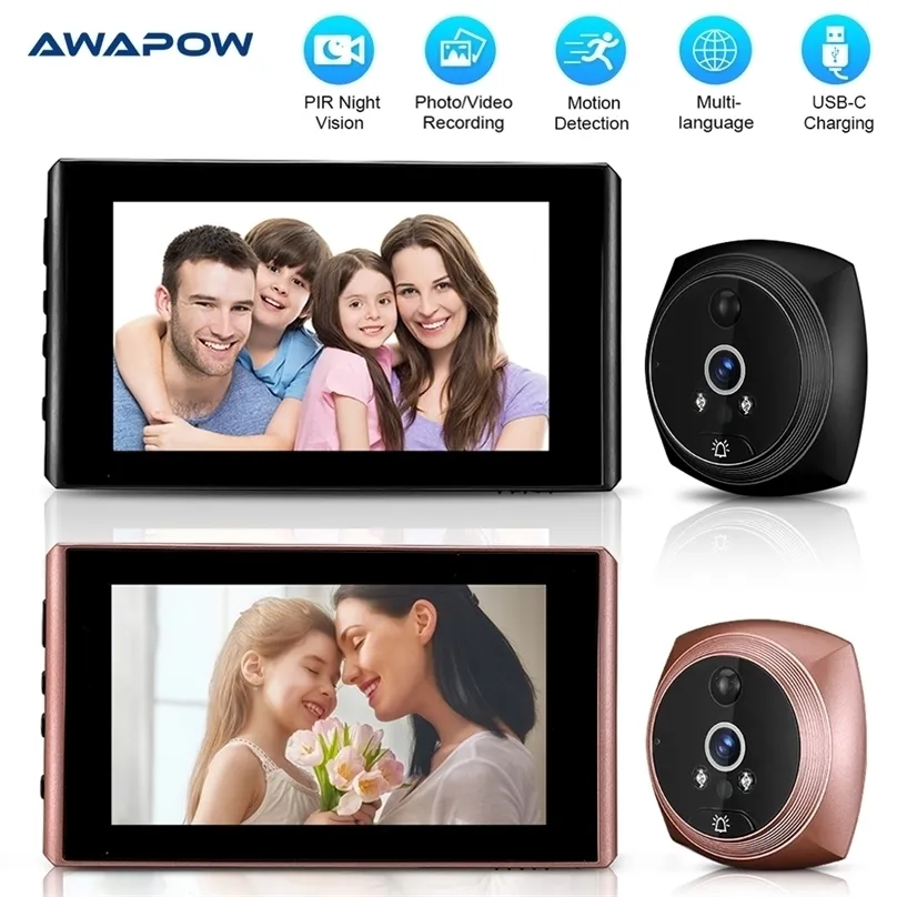 초인종 Awapow Peephole 비디오 4.3 인치 모션 감지 모니터 디지털 야간 비전 스마트 홈 카메라 도어 벨 221025