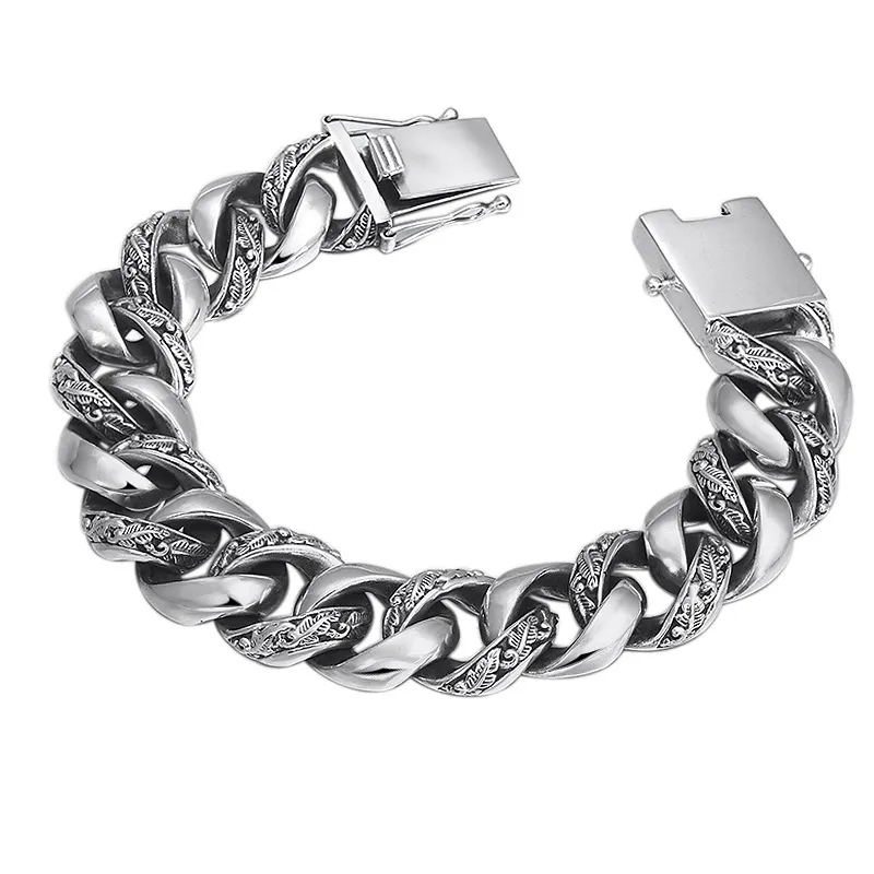 Bracciali a catena a maglie da uomo in argento sterling 925 massiccio Foglie di piume 17mm Antico Vintage Punk Fatto a mano Moda Accessori per gioielli di lusso Regali