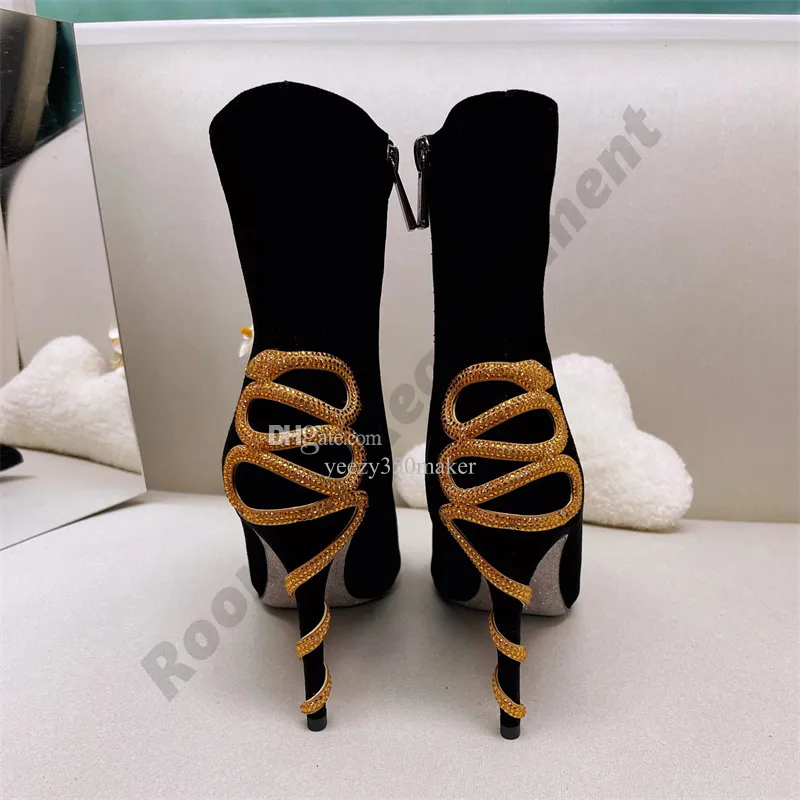 Snake twining high heels boots Ankle boot Pumps Womens RENE CAOVILLA crystal Gold rhinestone shiny Silver soles diamond Designer pointed toes stiletto shoes