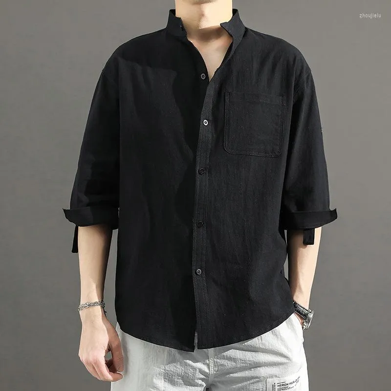 Men's Casual Shirts Summer Linen Loose Stand Collar Three Quarter Sleeve Shirt Men's Japanese Business Trend Solid Mens Clothing Top