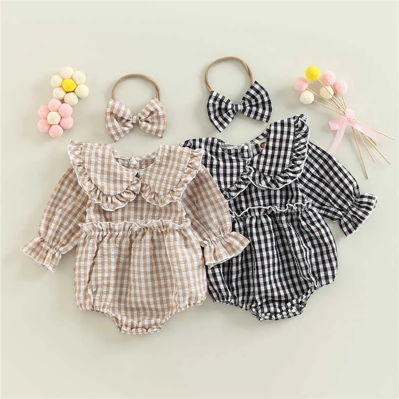 Strampler Herbst Frühling Nette Neugeborene Baby Mädchen Kleidung Mode Plaid Print Strampler Rüschen Lange Ärmel Overall Stirnband 2 Stück J220922