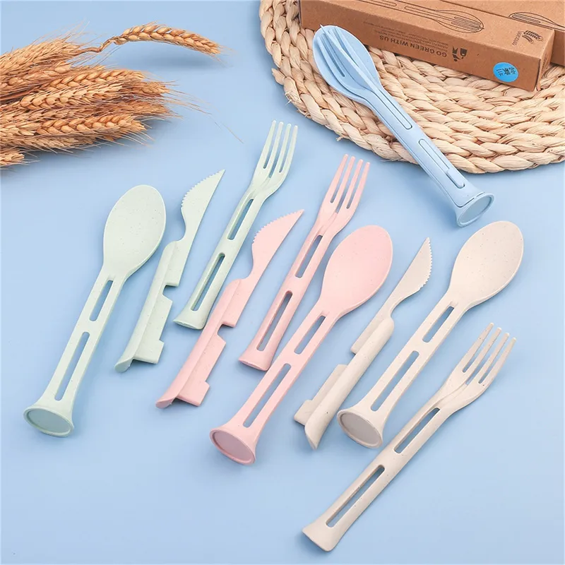 Portable Wheat Straw Cutlery Flatware Reusable Spoon Knife Forks Tableware set Great for Picnics Travel and Daily Use