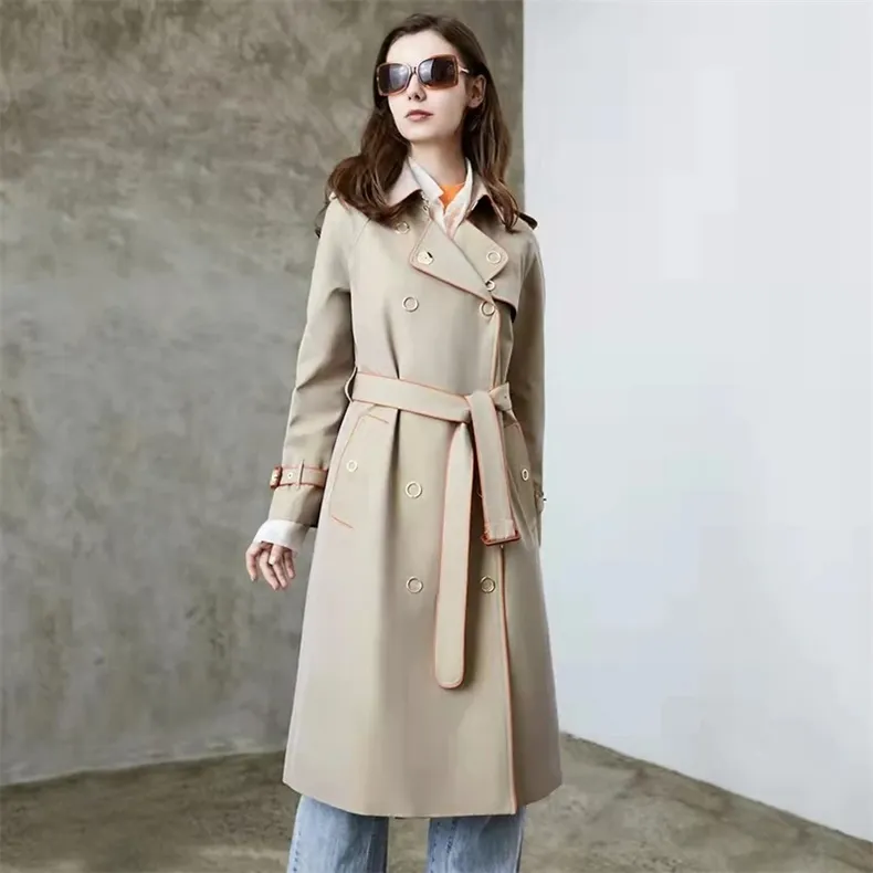 Womens Trench Coats Spring and Autumn New Heavy Industry Edging Metal Classic Chameleon British Style Long Windbreaker