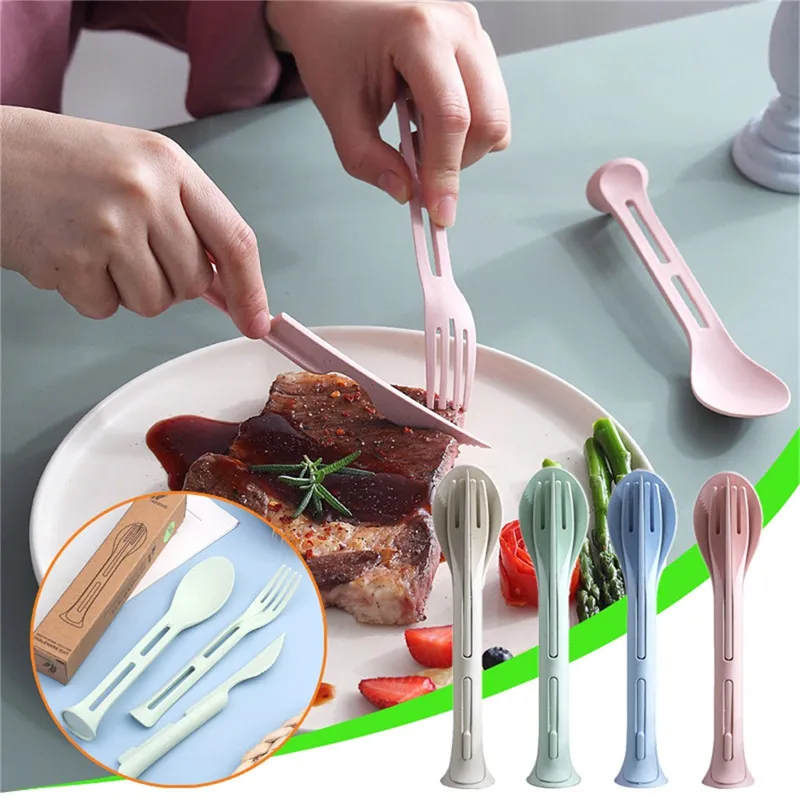 Reusable Utensils Flatware set Portable Wheat Straw Cutlery 3 in 1 Knife Spoon Fork Set BPA-Free and Eco-friendly Travel Kits