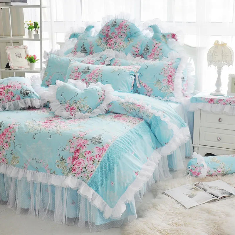 New Pastoral Flower Printed Bedding Set 100%Cotton Lace Ruffle Princess Duvet Cover Bed Skirt Linens Pillowcases King Queen Size Korean Style Princess Hone Textile