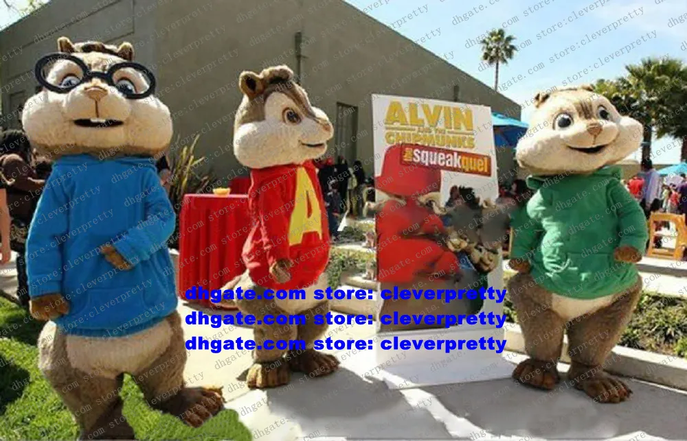 Mascottekostuum bruin Alvin Simon Theodore Alvin en de Chipmunks Chipmuck eekhoorn Chippy volwassen stripfiguur outfit pak grote evenementen nr. 7517