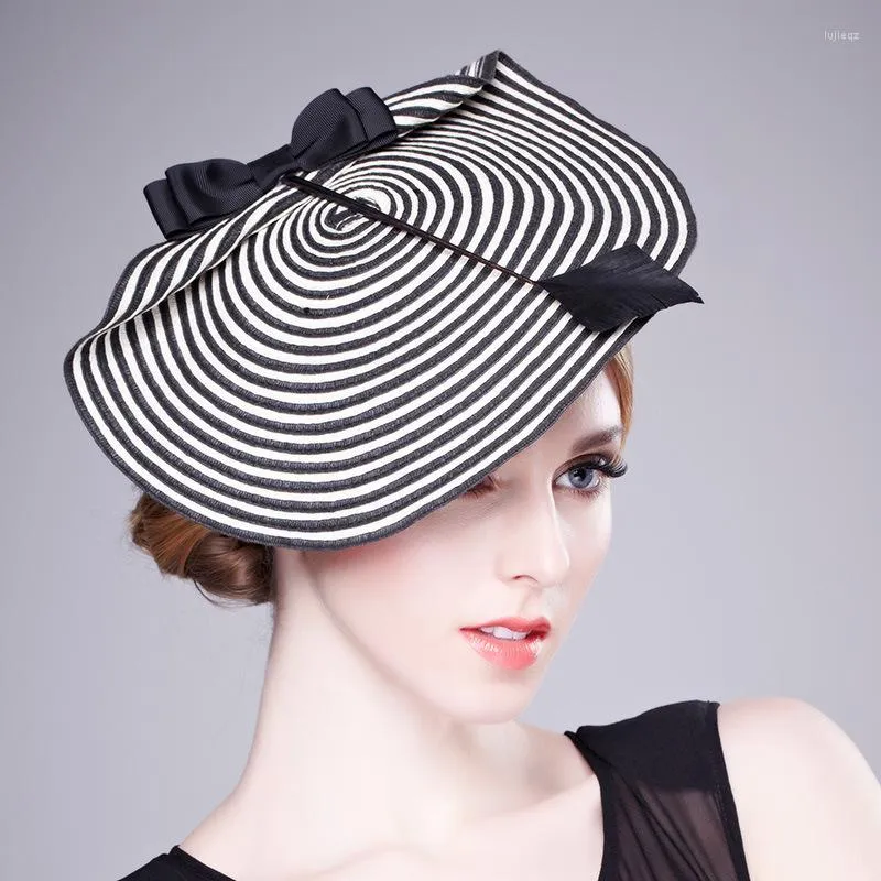 BERETS 2022 PAPER GRASS WOVEN HEADDRESS BRITISH BLOCK and WHITE STRIPED TOP HAT BERLET