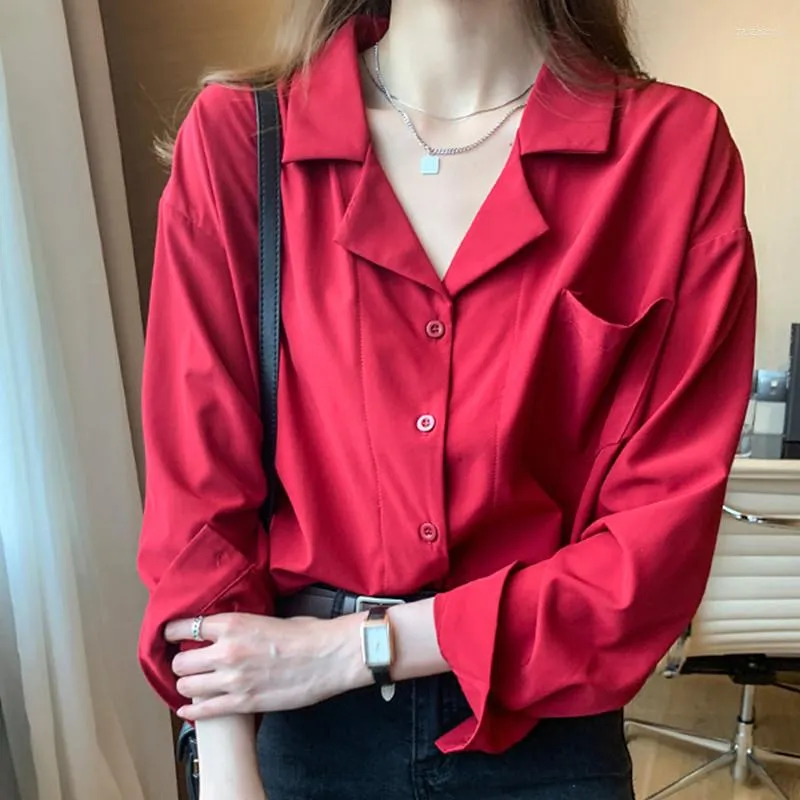 Women's Blouses Red Chiffon Shirt Women Summer Long Sleeve 2022 Design Niche Square Collar Professional V Neck Top