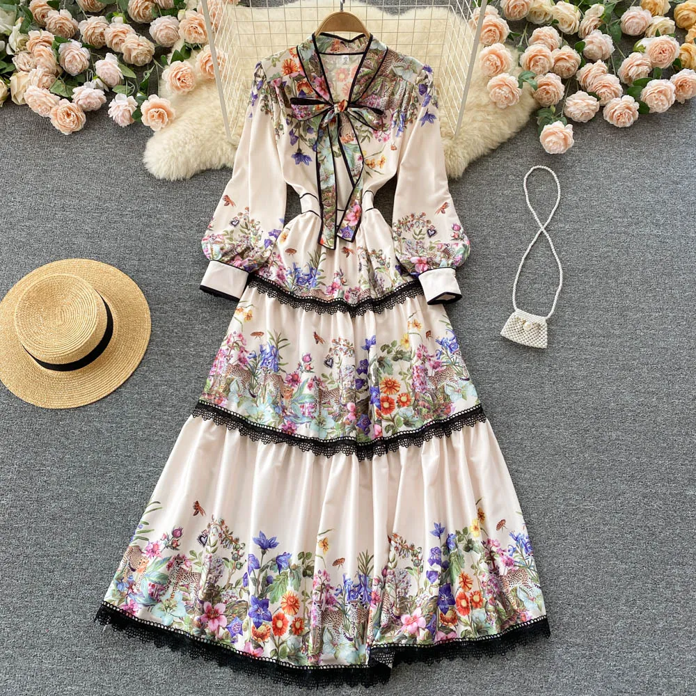 Court Style Elegant Floral High Level Dress with Tie Bow Tie Waist Slim Lesbian Knee Length Skirts