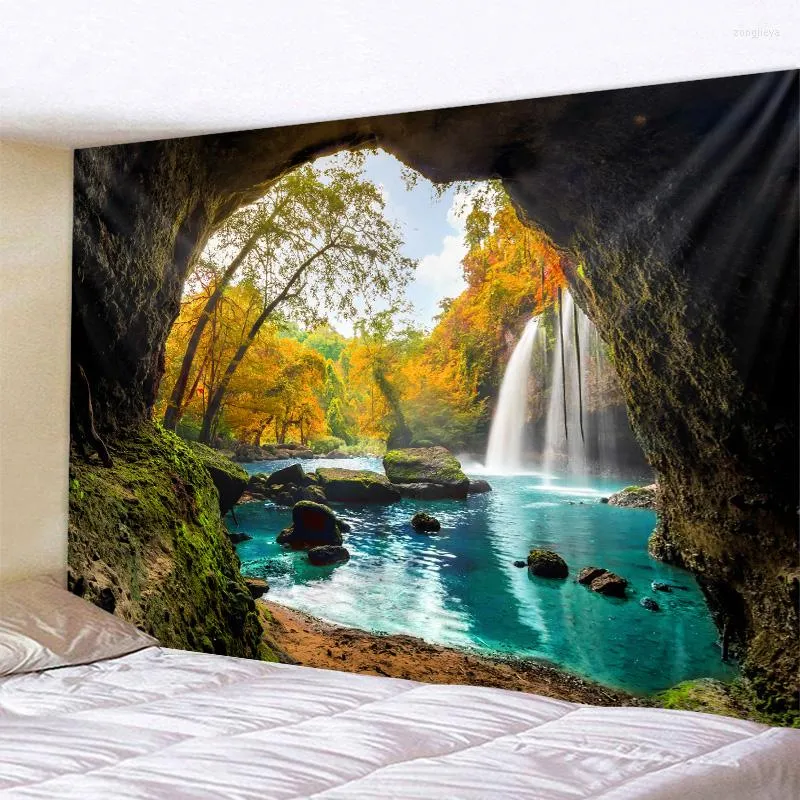 Tapisserier Vackra grotte vattenfall tryck v￤gg hippie tapestry polyester tyg hem dekor mattor som h￤nger stor soffa filt