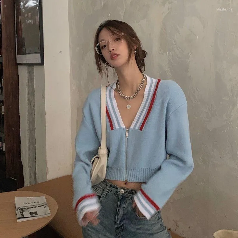 Kvinnors stickor Kvinnor Tees Y2KROBE Sweater Zip Up Y2K Eesthetic Sticked V-ringen indie Preppy Style Vintage Cardigan 2022 Autumn Women