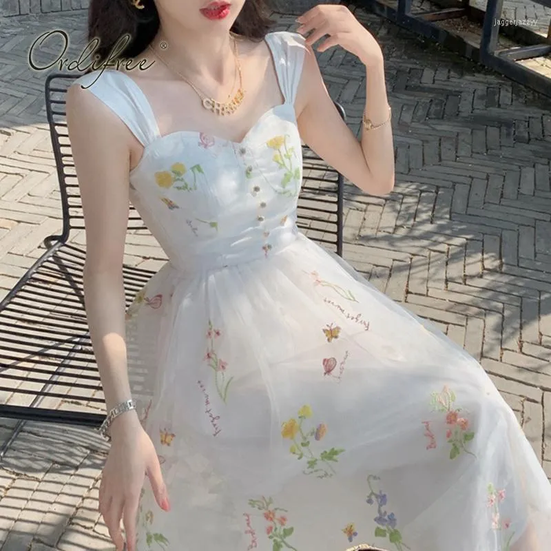 Casual Dresses Ordifree Summer Vintage Women Long Tulle Dress Floral Embroidery Sexy Plaid Maxi Corset