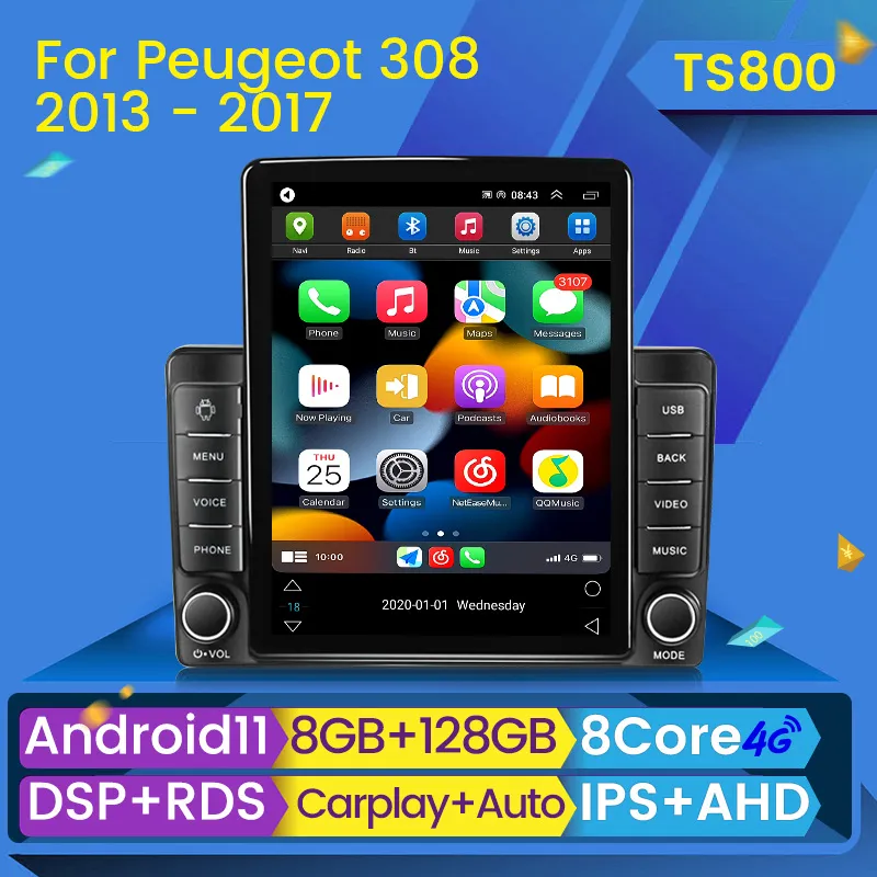 Android 11 Car DVD Rádio Vídeo Estéreo Player para Peugeot 308 T9 308S 2013-2017 Multimídia GPS WiFi CarPlay Auto