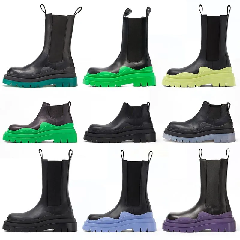 Bottes à plateforme pour femmes, bottes de luxe en sangle antidérapante, pneu de styliste, bottes Martin en cuir Chelsea, cheville extérieure ondulée, semelle extérieure en caoutchouc coloré élastique Eur 35-40