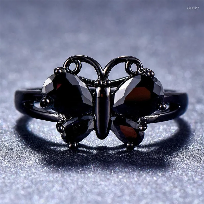 Eheringe, süßer weiblicher Ring mit weißem, rosa, rotem und schwarzem Stein, Vintage-Schmetterling, mit Gold gefüllter Schmuck, Tier-Geburtsstein