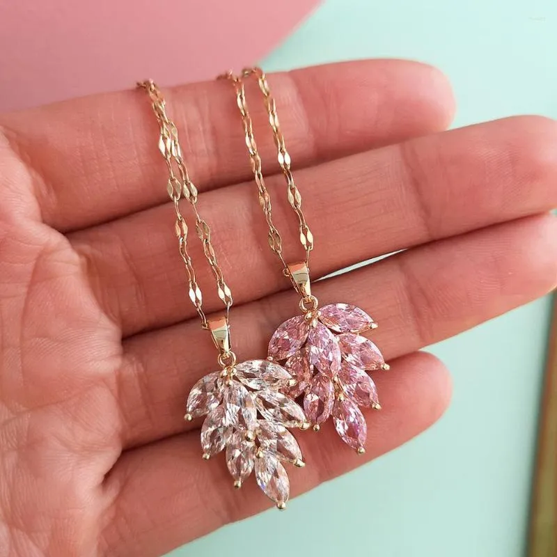 Colares pendentes de luxo feminino cristal clear rosa colar de zircão moda grande folha para mulheres presente de aniversário de festa de noiva