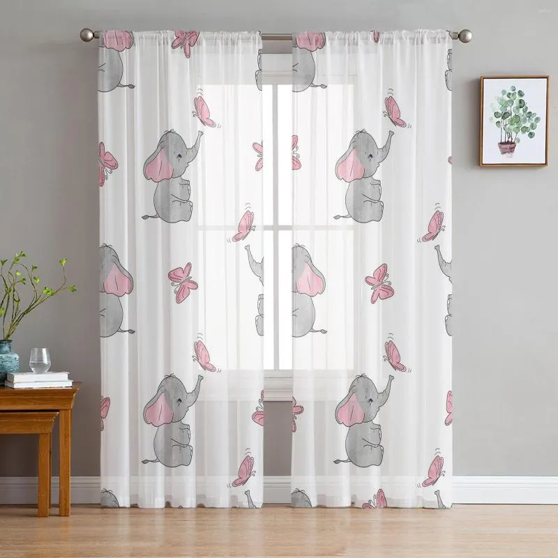 Rideau en Tulle aquarelle rose éléphant, joli Style, décor pour salon, chambre à coucher, Voile transparent en mousseline de soie, fenêtre de cuisine