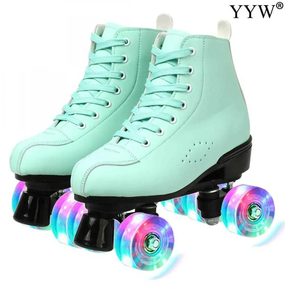 Patins de gelo verde rolo de couro artificial linha dupla homens homens adultos dois sapatos de skate patines pu 4 rodas patin l221014