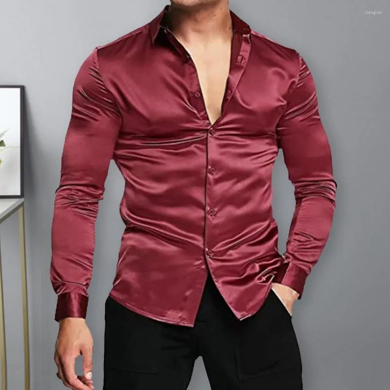 Men's Casual Shirts Men Shirt Satin Solid Color Turn-down Collar Long Sleeves Single-breasted Warm Formal Buttons Cardigan Prom Male Clothes