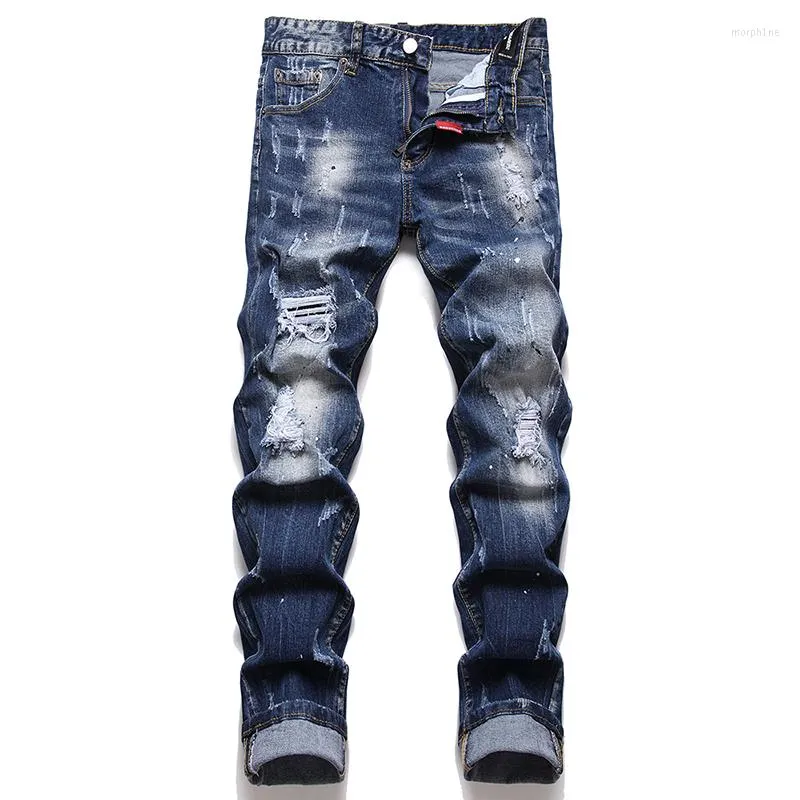 M￤ns jeans Slim Fit Stretch Men's Ripped Fashion Casual Shredded Frayed Denim Pants Cotton Straight Trousers Pantalons Pour Hommes