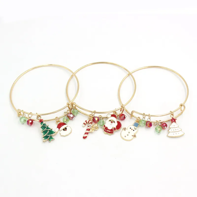 Atacado Presente de Natal Jóias Charme Pulseira Contas de Cristal Árvore de Natal Santa Bangles Wire Expansível Pulseira Feminina