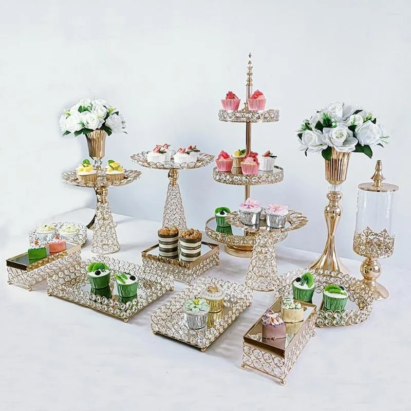 Utensilios para hornear 3-14 unids/lote soporte de pastel de bodas de Metal dorado de cristal exhibición de postres acabado brillante para cupcakes dulces de pastelería