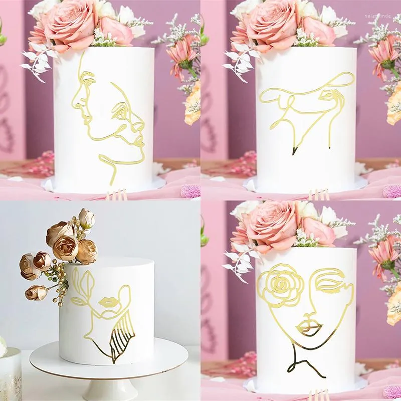 Festliga leveranser abstrakt minimalistisk linje akryl födelsedag guld kaka topper mnimalist karaktär konst för kvinnans festdekorationer