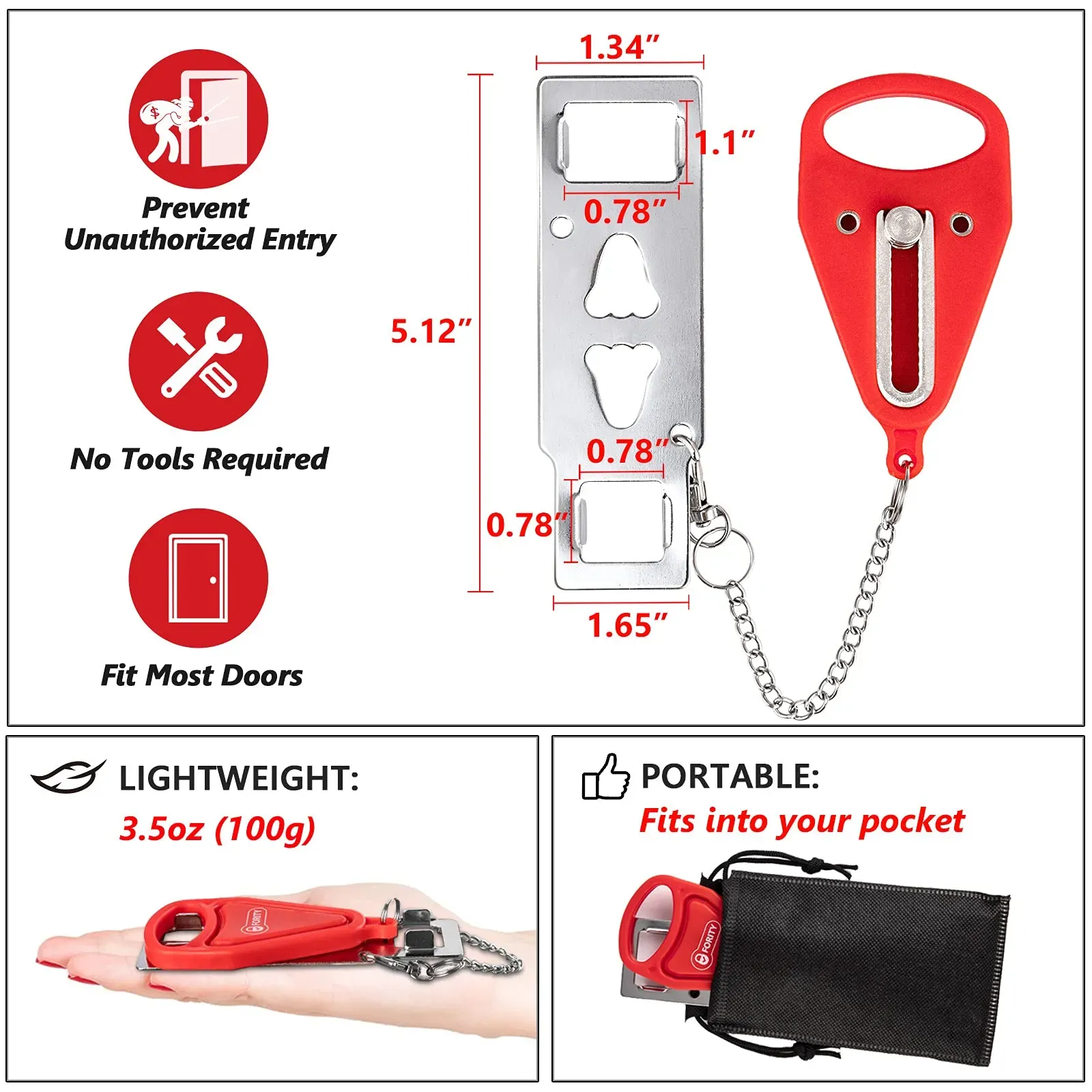 3ml portable door lock home security travel door locker latch traveling extra locks lockdown for additional safety and privacy for hotel home college apartment red