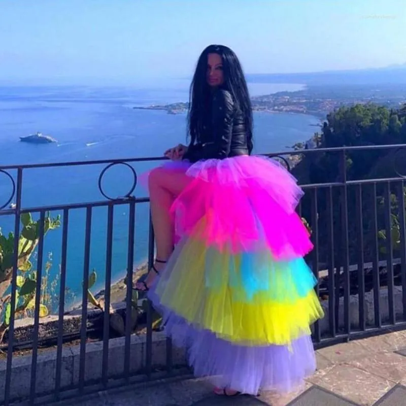 Jupes Assez Coloré Puffy High Low Tulle Ruffles Tiered Long Tutu Jupe Custom Made Party