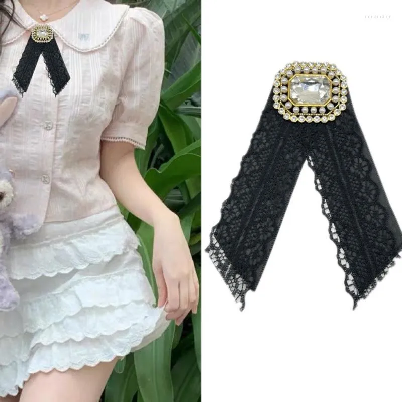 Laço laço renda shinestone gravata broche moda moda coreana feminina feminina elegante camise