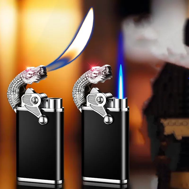 Nowa wiatroodporna zapalniczka odrzutowa metalowa krokodyl podwójna zapalniczka do konwersji ognia kreatywna bezpośrednia zapalniczka z niebieskim płomieniem człowiek palący prezent