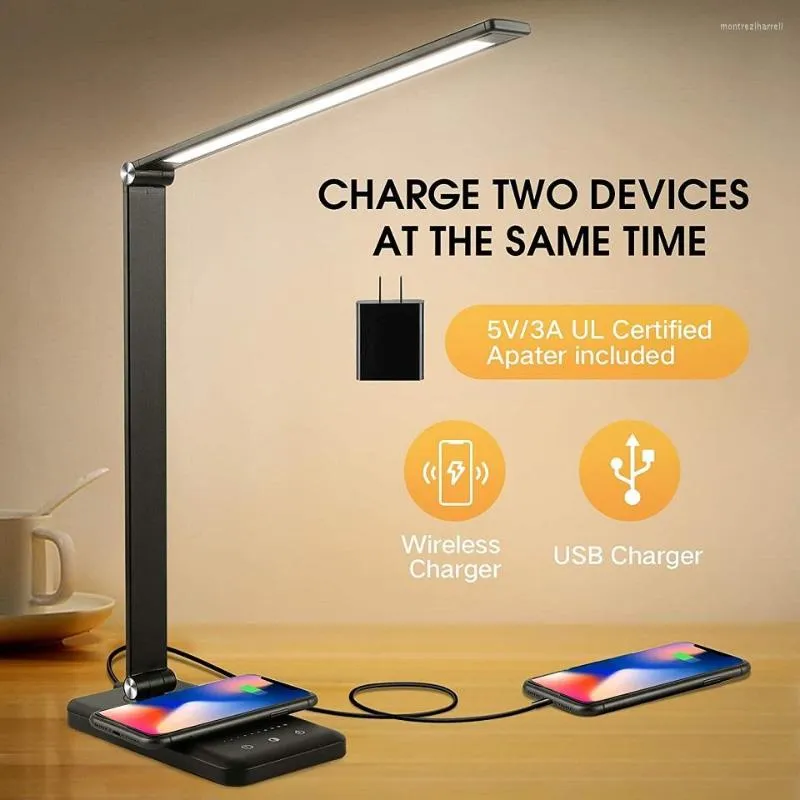 Lampes de table Charge sans fil Eye-Caring Desk Lightr Port USB Contrôle tactile Lumière à intensité variable avec 5 niveaux de couleur
