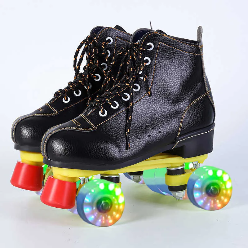 Ice Skates Quad Roller Outdoor Leather Adult Children Beginner Breathable Skating Sneaker 4 Wheels Flashing Skate Shoes Boy Girl L221014