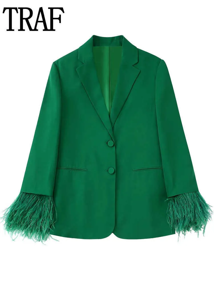 Groß sparen beim Kauf von Frauenanzüge Blazer Grüne Feder Blazer Frauen  2024 Langarmbutton Blazer Sets Stilvolle Herbstjacke Polyester Büro Dame in 