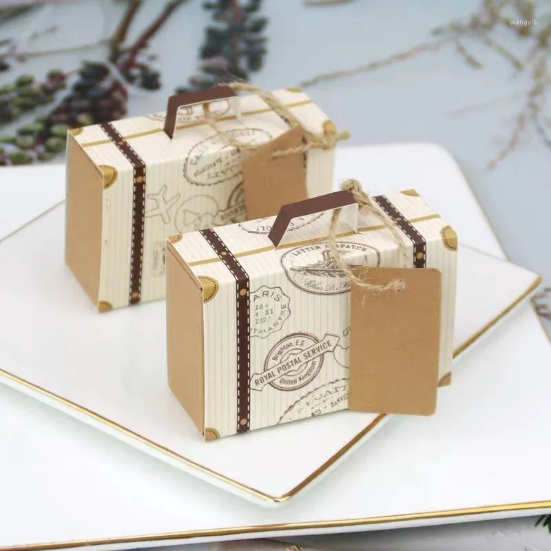Present Wrap 100 PCS Mini Suitcase Box Party Candy med Tag och String Kraft Paper