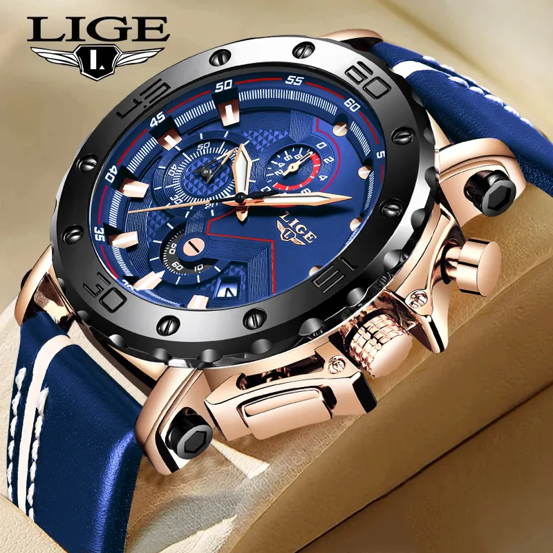 Wristwatches LIGE Fashion Mens Watches Top Luxury Brand Waterproof Sport Wrist Watch Chronograph Quartz Military Leather Relogio Masculino 221026