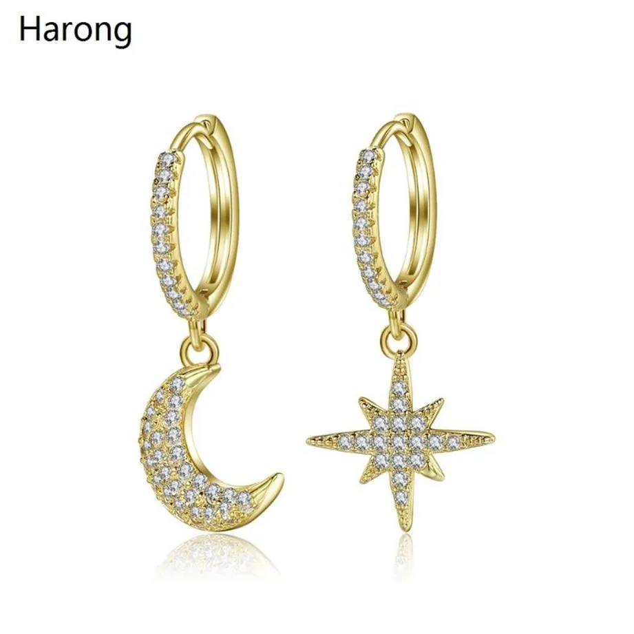 Modaya Kübik Zirkonya Kristal Altın Yıldız Ay Moon Hoop Küpe Set Yeni Tasarım Ay Koreli Düğün Mücevherleri Kadın Mücevherleri252t