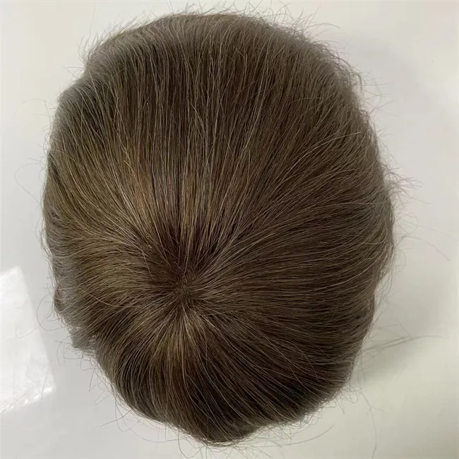 ＃4/灰色の絹のようなストレートブラジル人バージンヒューマンヘアピース6x7.5男性用のPu Toupeeとフルレース