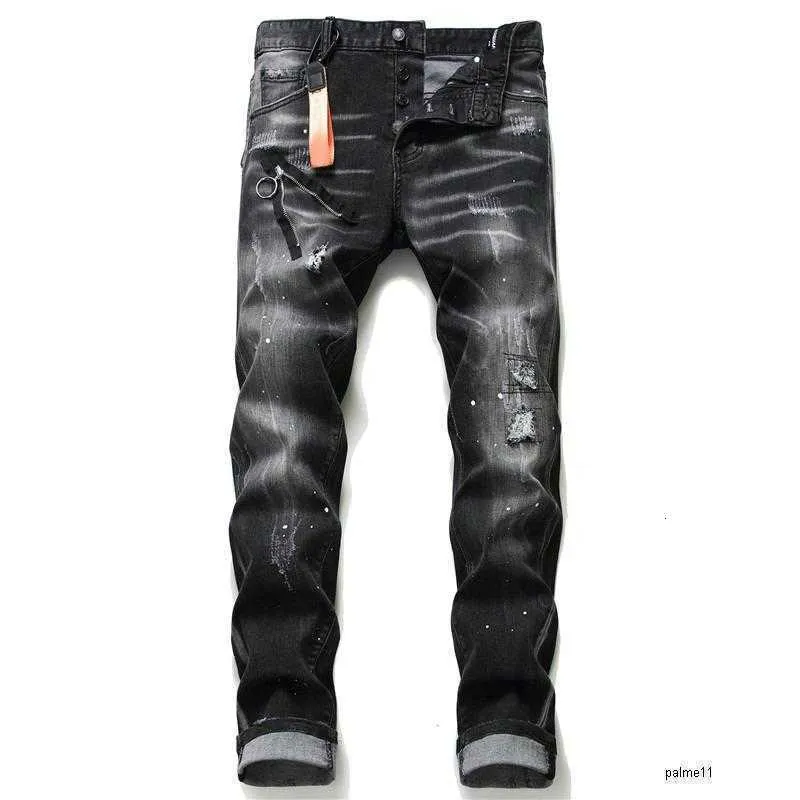 Calças masculinas Mens Jeans Jeans Hip Hop Calças Street Trend Zipper Chain Decoração Rasgado Estiramento Preto Moda Slim Fit Lavado M276j