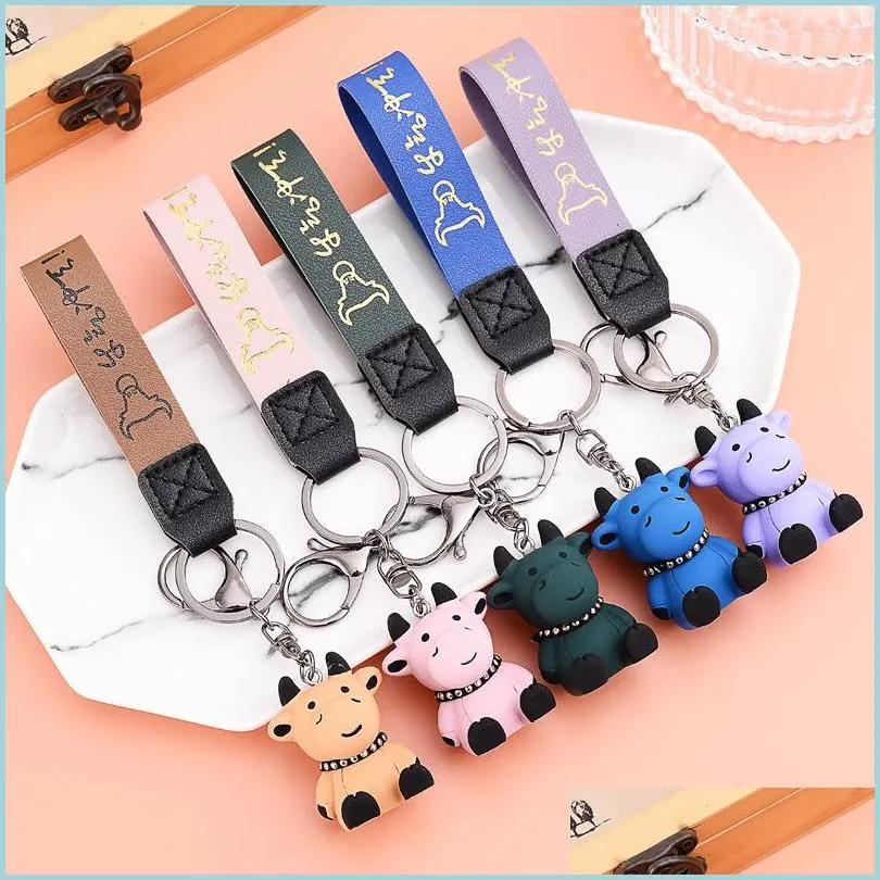 Keychains Lanyards Creative Resin Animal Cow Keychains Personality Cartoon Cute Car Key Chain Ring Bag Pendant 5 Stlyes Drop Deliv Dhjfm